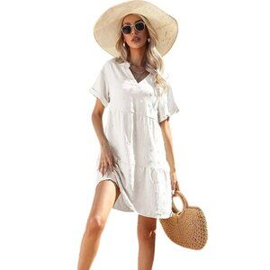 NWT YEKATY WOMEN'S SWIMSUIT COVER-UP DOTS BEACH DRESS WHITE MEDIUM